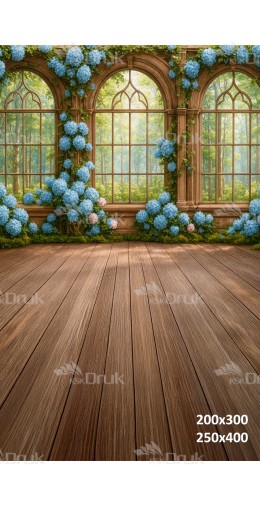 Tło fotograficzne z błękitnymi hortensjami i drewnianymi łukami okiennymi | 3764